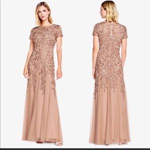 Adrianna Papell Floral Beaded Godet Gown RoseGold